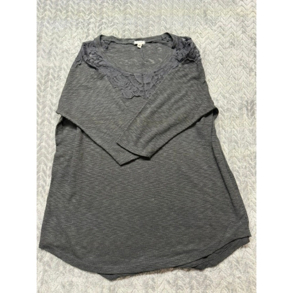 Eyeshadow Charcoal Gray Lace Trim Slub Knit 3/4 Sleeve Top 1X 0682